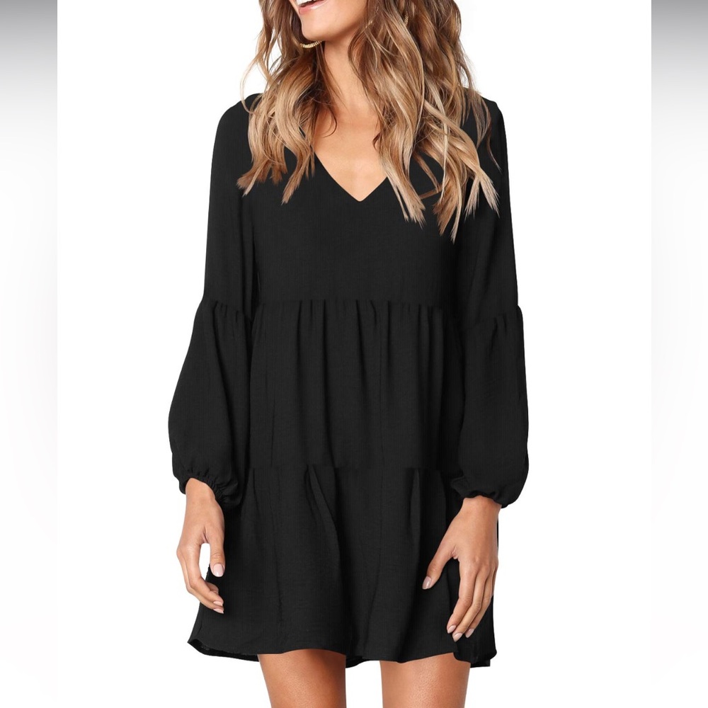 NWOT Amoretu Black V-Neck Flowy Tiered Dress, Size Small